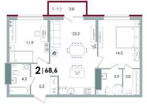 2-к квартира, вторичка, 69м2, 9/15 этаж