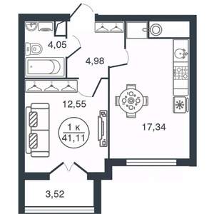 1-к квартира, вторичка, 41м2, 12/15 этаж