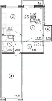 2-к квартира, строящийся дом, 58м2, 14/18 этаж
