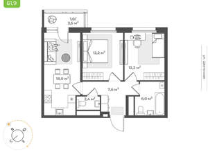 2-к квартира, вторичка, 59м2, 7/17 этаж