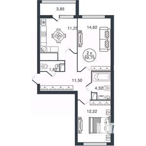2-к квартира, вторичка, 60м2, 7/16 этаж