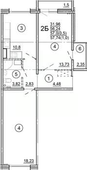 2-к квартира, строящийся дом, 58м2, 11/18 этаж