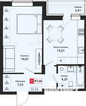 1-к квартира, вторичка, 47м2, 2/22 этаж