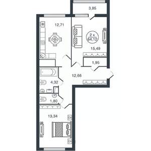 2-к квартира, вторичка, 64м2, 10/16 этаж