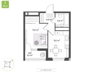 1-к квартира, строящийся дом, 35м2, 7/17 этаж