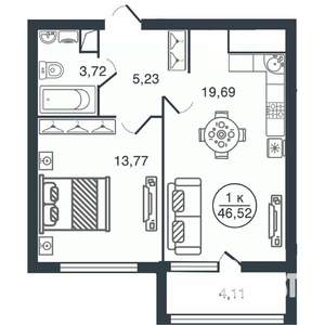 1-к квартира, вторичка, 47м2, 5/16 этаж