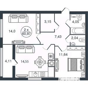 2-к квартира, вторичка, 61м2, 4/15 этаж