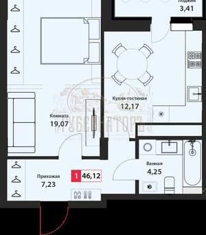 1-к квартира, сданный дом, 46м2, 21/22 этаж
