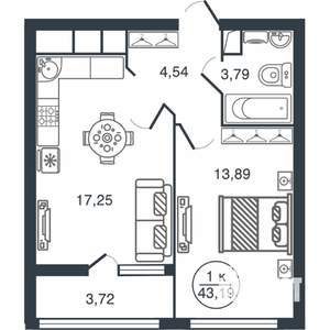1-к квартира, вторичка, 43м2, 9/16 этаж