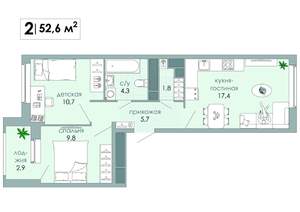 2-к квартира, вторичка, 53м2, 9/12 этаж