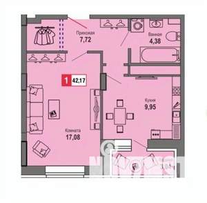 1-к квартира, строящийся дом, 42м2, 20/22 этаж