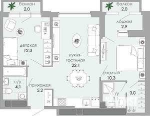 2-к квартира, вторичка, 67м2, 5/9 этаж