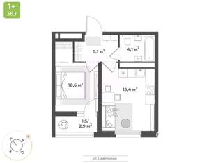 1-к квартира, строящийся дом, 37м2, 15/17 этаж