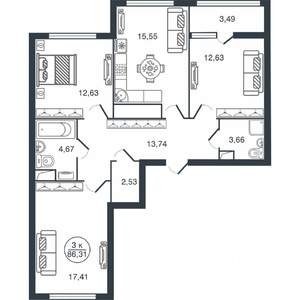 3-к квартира, вторичка, 86м2, 12/16 этаж