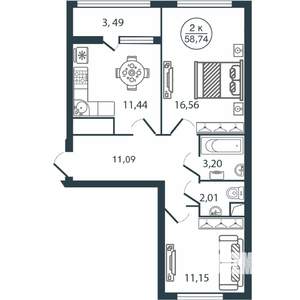 2-к квартира, вторичка, 59м2, 4/12 этаж