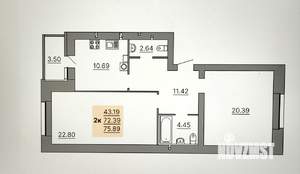 2-к квартира, вторичка, 76м2, 3/9 этаж