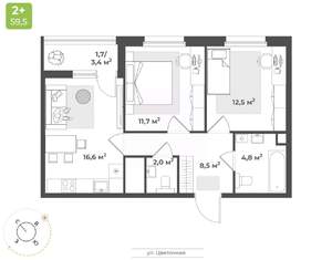 2-к квартира, строящийся дом, 58м2, 2/17 этаж