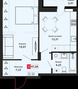 1-к квартира, сданный дом, 47м2, 2/22 этаж