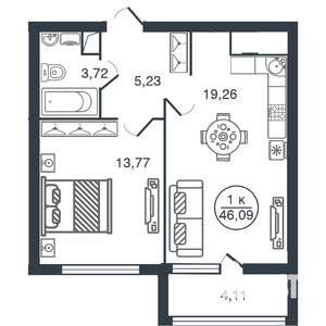 1-к квартира, вторичка, 46м2, 15/16 этаж