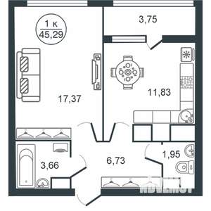 1-к квартира, вторичка, 45м2, 5/16 этаж