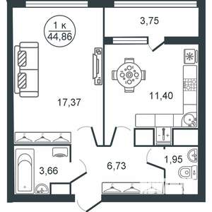 1-к квартира, вторичка, 45м2, 12/16 этаж
