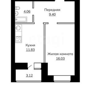 1-к квартира, сданный дом, 45м2, 3/9 этаж