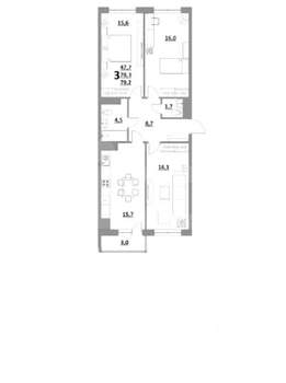 3-к квартира, сданный дом, 78м2, 12/15 этаж