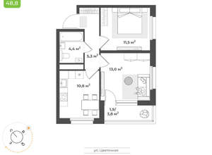 2-к квартира, вторичка, 47м2, 8/17 этаж