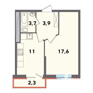 1-к квартира, строящийся дом, 39м2, 15/16 этаж