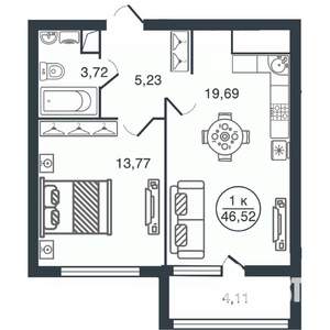 1-к квартира, вторичка, 47м2, 4/16 этаж