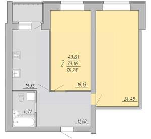 2-к квартира, строящийся дом, 76м2, 3/9 этаж