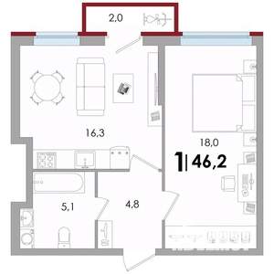 1-к квартира, вторичка, 46м2, 4/16 этаж