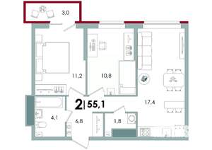 2-к квартира, вторичка, 55м2, 12/15 этаж