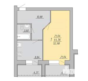 1-к квартира, строящийся дом, 53м2, 8/9 этаж