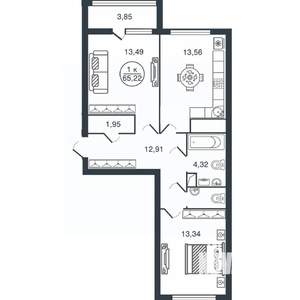 2-к квартира, вторичка, 65м2, 8/16 этаж