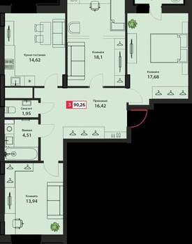 3-к квартира, сданный дом, 90м2, 12/24 этаж