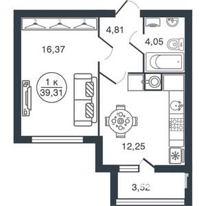 1-к квартира, вторичка, 39м2, 3/15 этаж