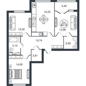 3-к квартира, вторичка, 84м2, 12/15 этаж