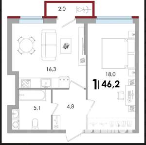 1-к квартира, вторичка, 46м2, 14/16 этаж