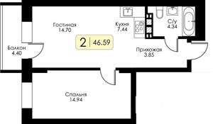 1-к квартира, строящийся дом, 47м2, 13/17 этаж