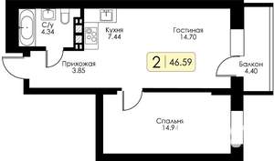 1-к квартира, строящийся дом, 47м2, 6/17 этаж