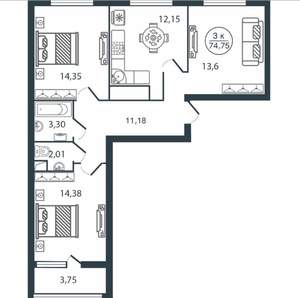 3-к квартира, вторичка, 75м2, 7/12 этаж
