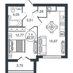 1-к квартира, вторичка, 42м2, 8/15 этаж