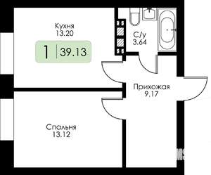 1-к квартира, строящийся дом, 39м2, 2/4 этаж