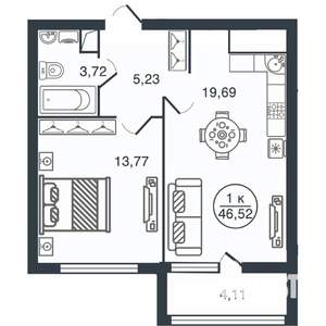 1-к квартира, вторичка, 47м2, 7/16 этаж
