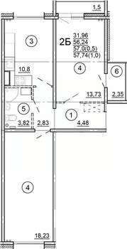 2-к квартира, строящийся дом, 58м2, 16/18 этаж