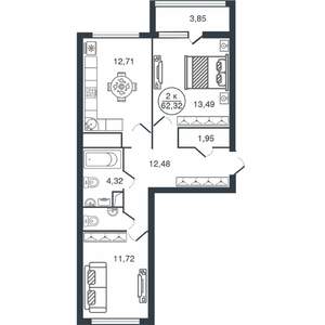 2-к квартира, вторичка, 62м2, 14/16 этаж