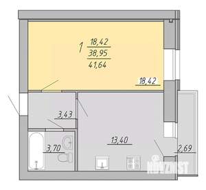 1-к квартира, вторичка, 42м2, 6/9 этаж