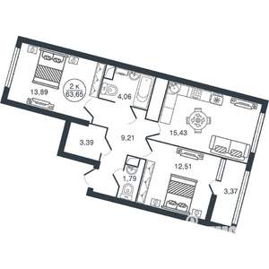 2-к квартира, вторичка, 64м2, 13/16 этаж
