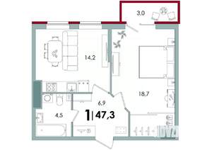 1-к квартира, вторичка, 47м2, 6/15 этаж